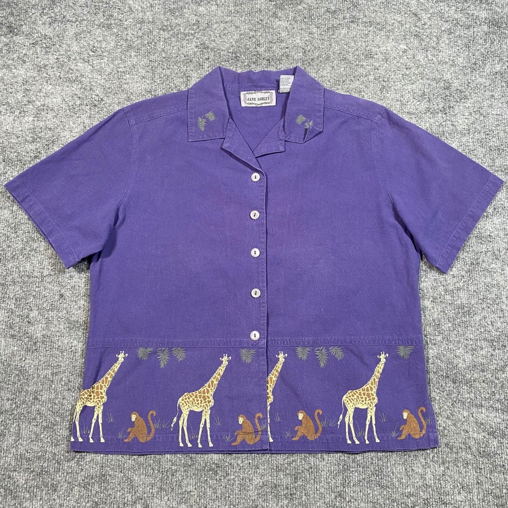 Jane Ashley Purple Cotton Safari Giraffe Monkey Button Up Shirt Womens Small